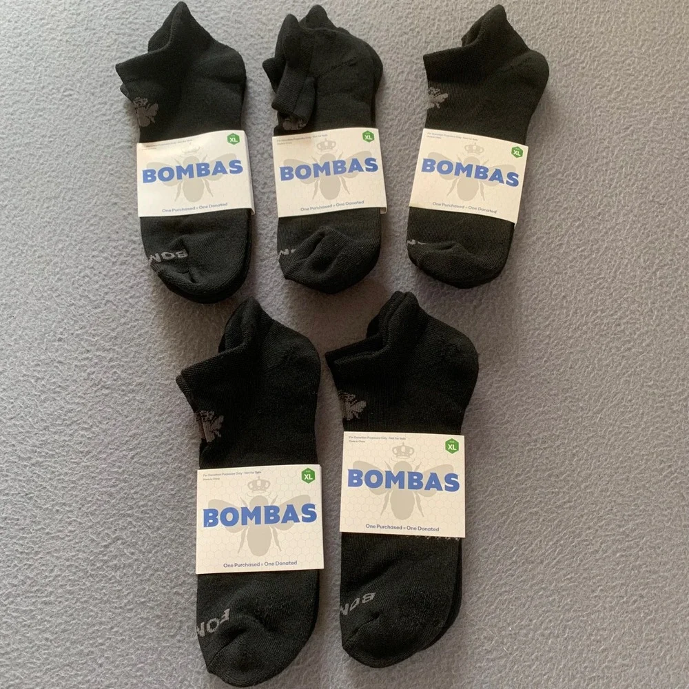 Lot of 5 Pair Bombas Black Ankle Socks Unisex XL